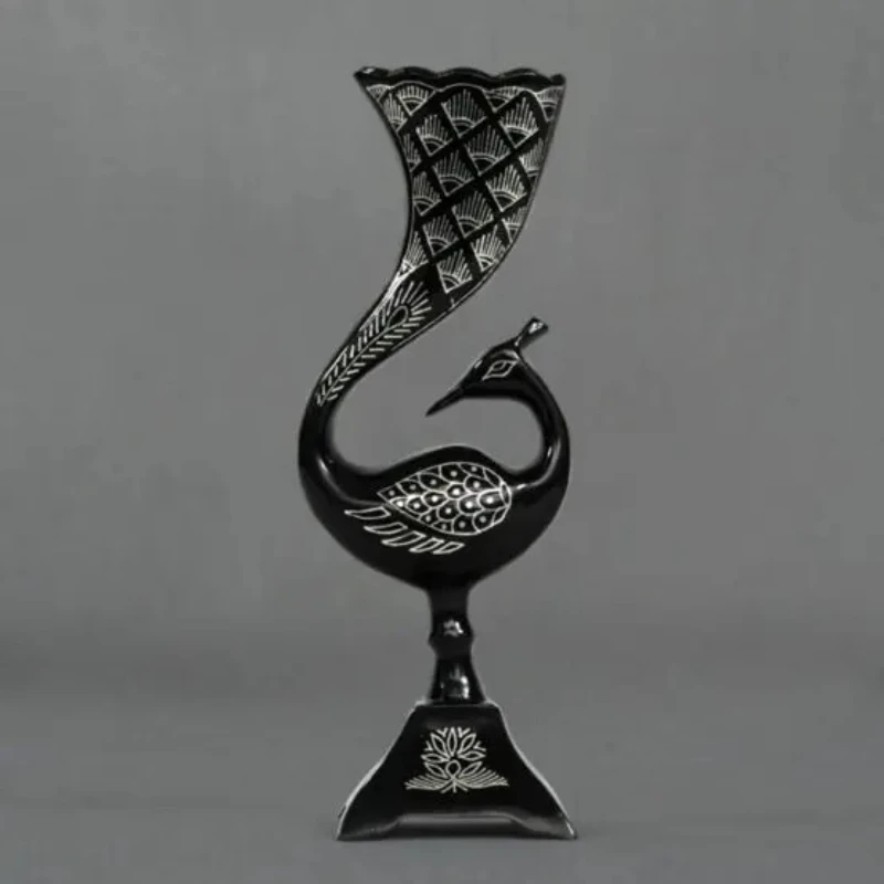 

Handcrafted 8-inch eco-friendly metal peacock display, silver inlay,