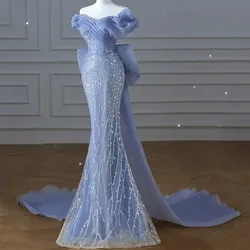 Robe de Bal Bleue de Luxe Personnalisée avec Paillettes, Poignée Sirène, Traîne à Nministériels d Amovible, Plissée, quel que soit le Patchwork, le Col Slash