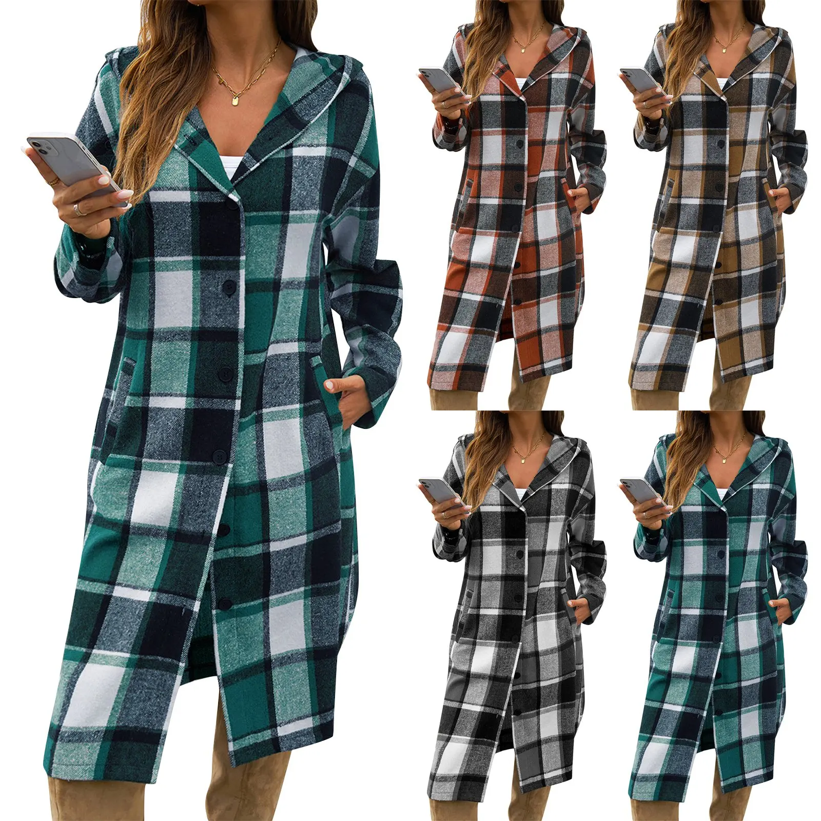 

Fashionable Women's Plaid Contrasting Color Coats Spring Autumn Lady Comfortable Loose Hooded Suit Casual Travel Streetwear