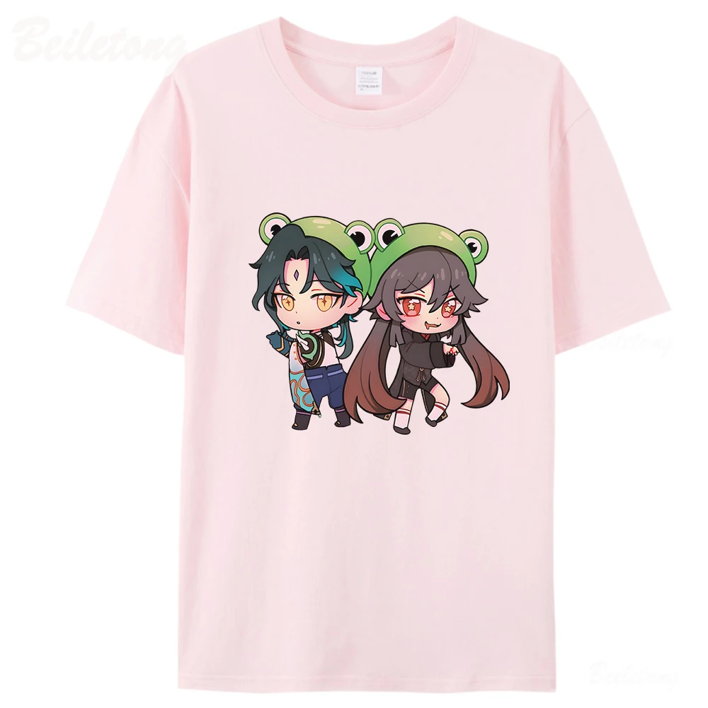 Hu Tao i Xiao Cute Genshin Impact T Shirt Women Printing 100% Cotton Summer Oversized Tops Harajuku Tees Cartoon Fast Shipping