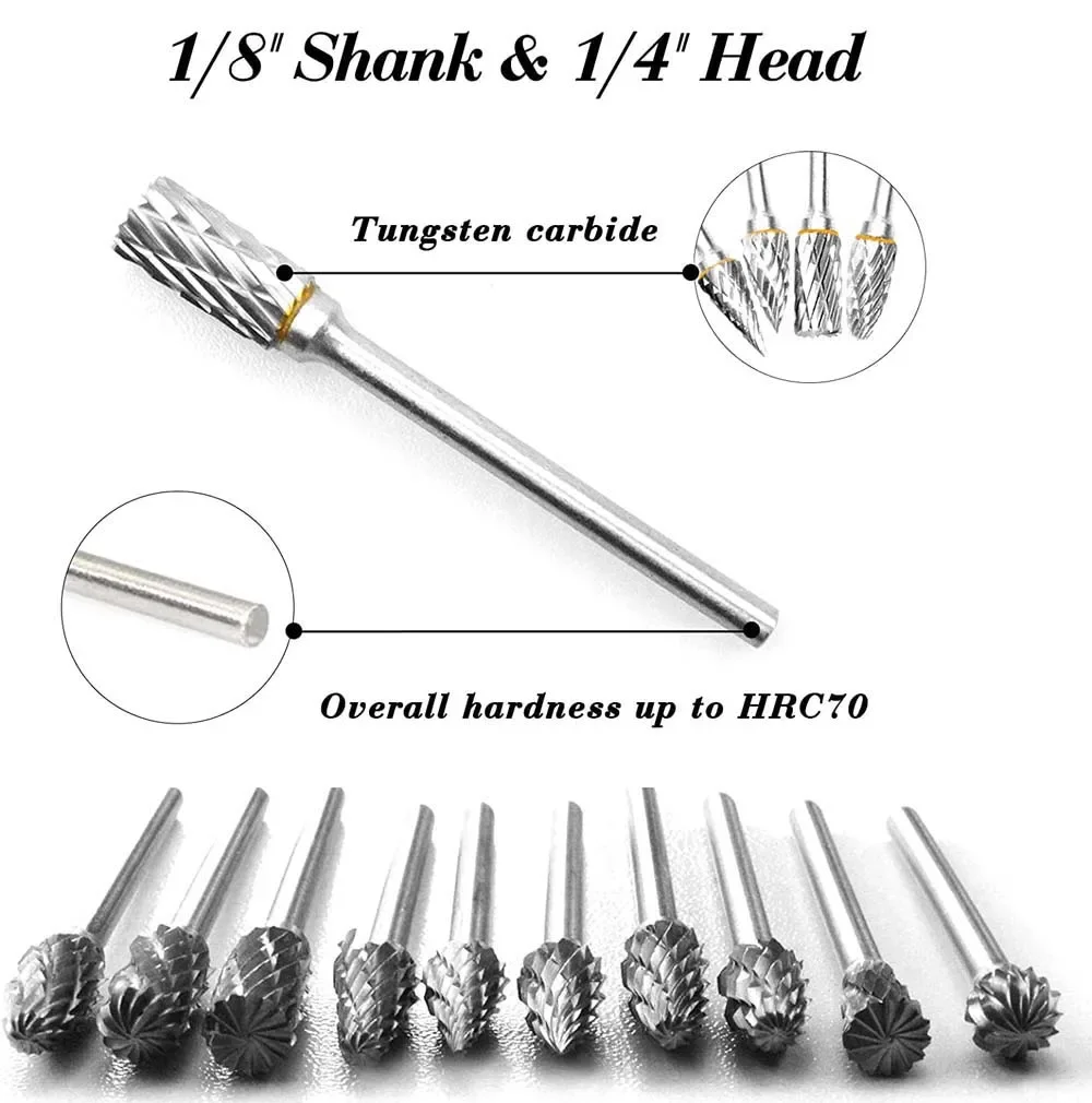 10pcs Rotary Carbide Burr Set 1/8 Shank 1/4 Head Length Tungsten Steel for Woodworking Drilling Metal Carving Engraving Polishin