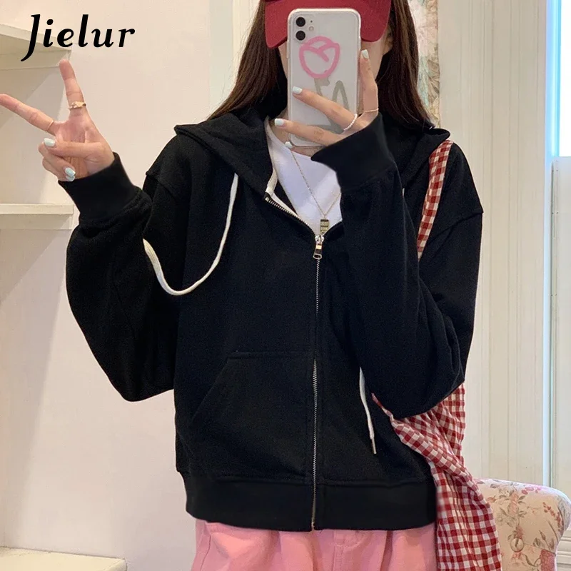 Jielur Herfst Koreaanse Short Hoodies Dames Streetwear 6 Pure Kleuren Casual Dun Sweatshirt Met Capuchon Damesvesten S-L