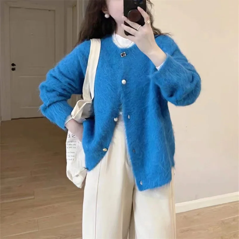 

New Pure Color Elegant Soft Faux Mink Fur Knitted Cardigan Women's 2025 Autumn/winter Round-neck Relaxed Style Sweater Coat