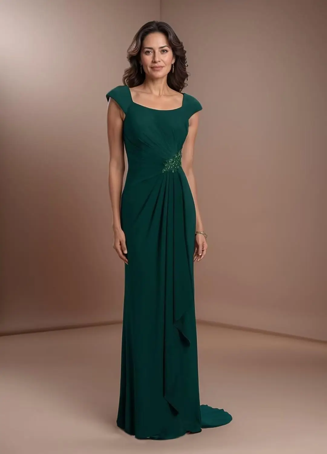 

Women's Chiffon Mother of The Bride Dresses for Wedding Mermaid Beaded Pleated Formal Evening Gowns