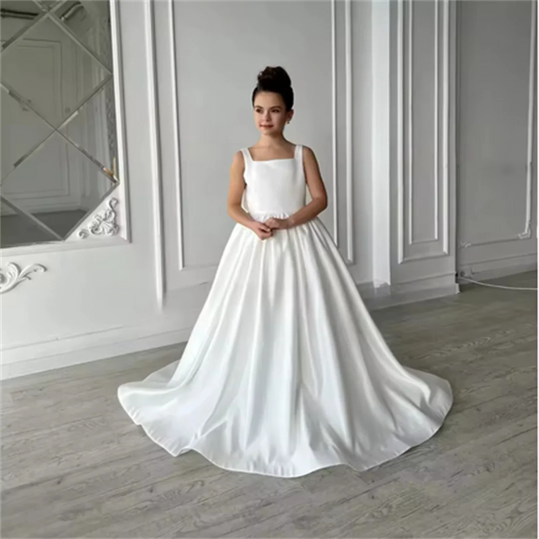 Abito da prima comunione bianco da sposa personalizzato per ragazze Abiti da ragazza di fiori semplici in raso Abiti da ballo da spettacolo principessa quadrati