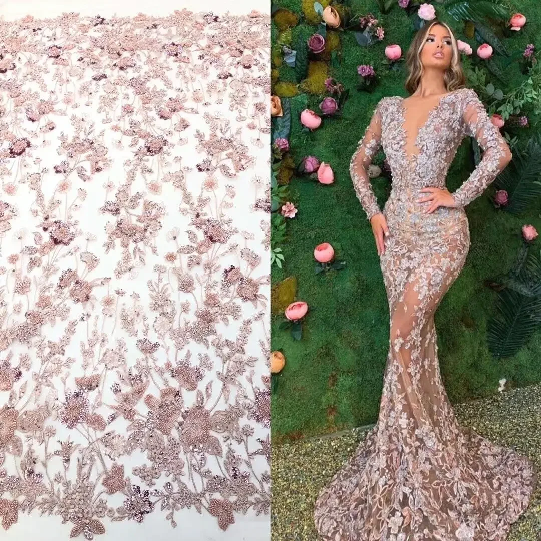 

White 3D Beads Lace Fabric 2021 High Quality Mesh Embroidery Applique 3D Flower Tulle Nigerian Lace Fabrics For Bridal XC300