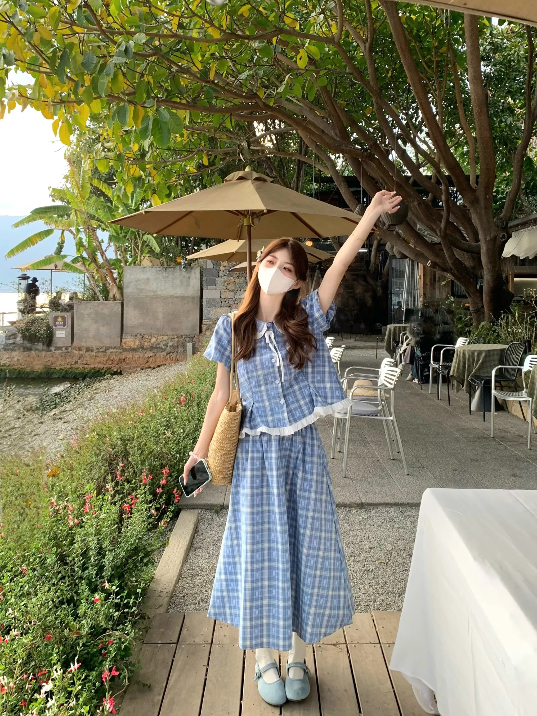 Sweet Japanese Style Plaid Shirt And Half Skirt Women's Loose Slimming Versatile Set Spring Summer New Arrival Bubble Sleeve