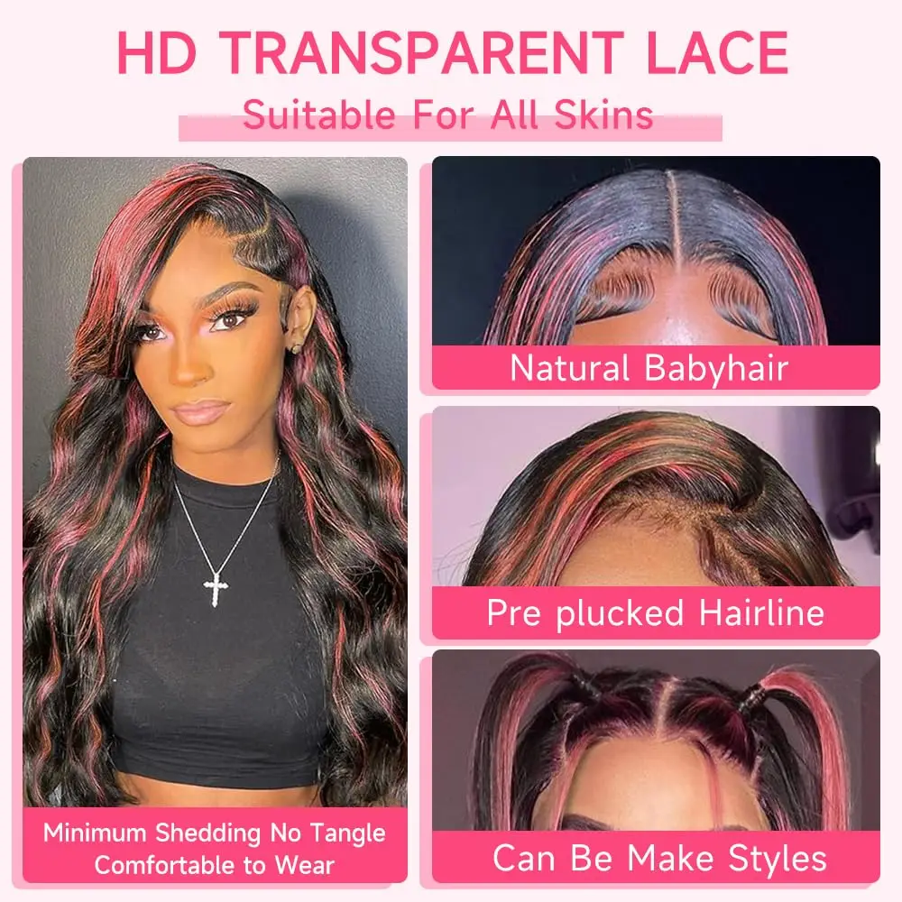 Ombre Highlight 1B With Pink Hair Wig Body Wave Wigs Transparent 13X4 Lace Frontal Wig Brazilian 100% Human Hair Pre Plucked