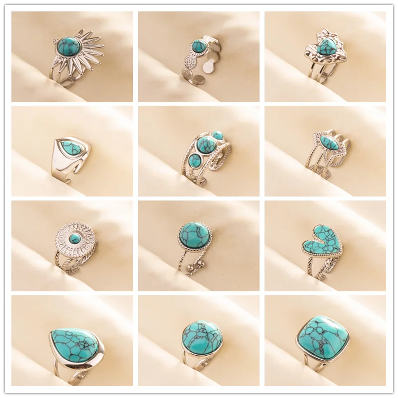 Classic Fashion Sky Blue Stone Ring Stainless Steel No Fading Round Water Drop Square Rings For Men Women Finger Ornament