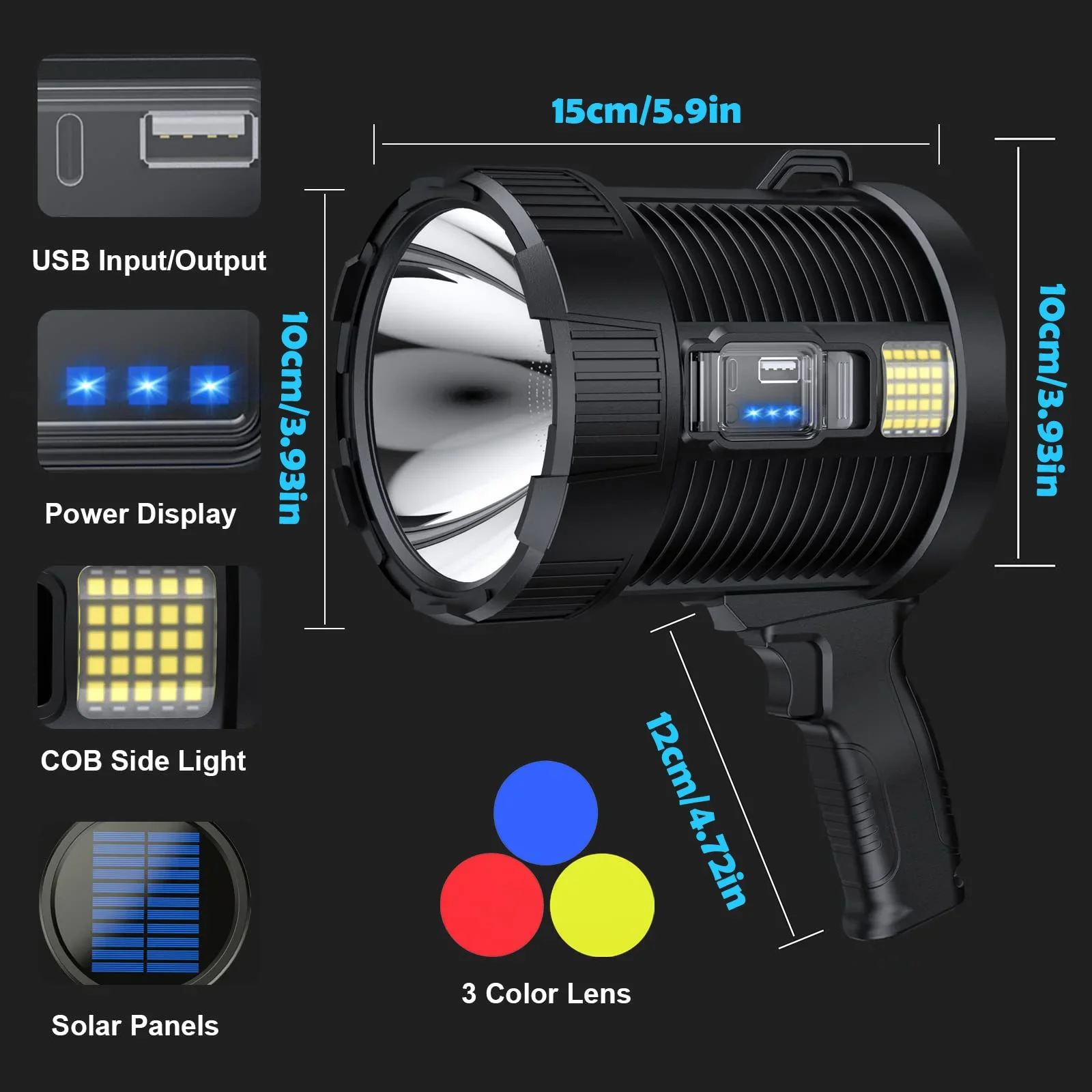 Wiederaufladbarer Strahler 900000 Lumen LED-Strahler, große Handtaschenlampe, superhelle Solarstrahler für den Außenbereich, Suchscheinwerfer