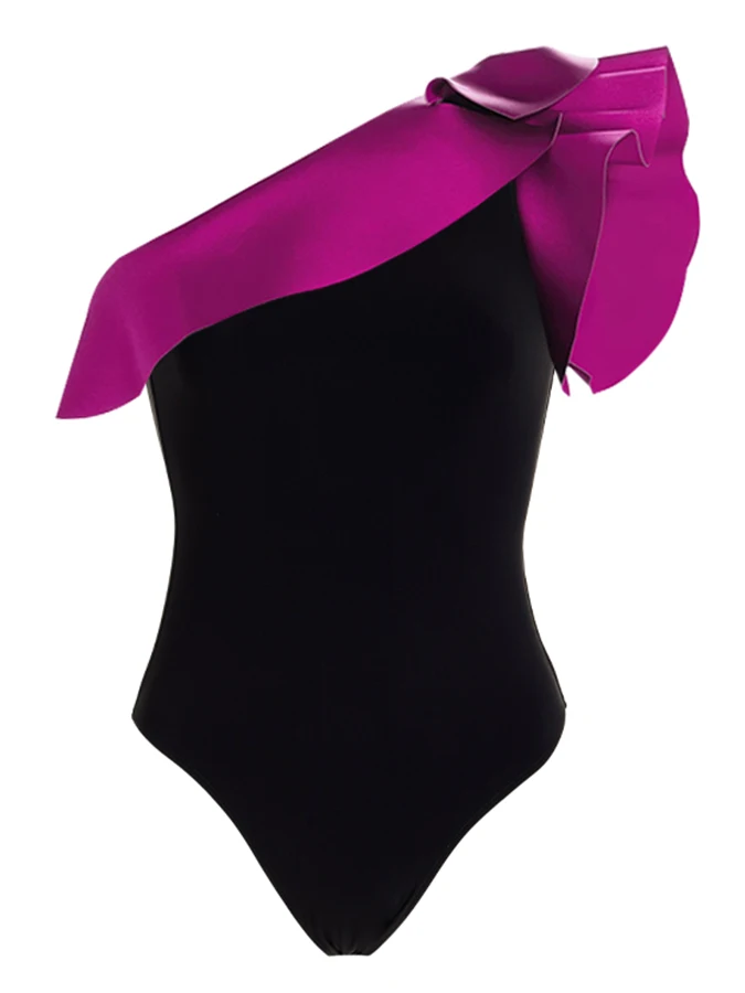 Costume da bagno intero da donna nero e rosa triangolo Skinny con spalle inclinate Bikini con volant che copre la spiaggia di moda Sexy