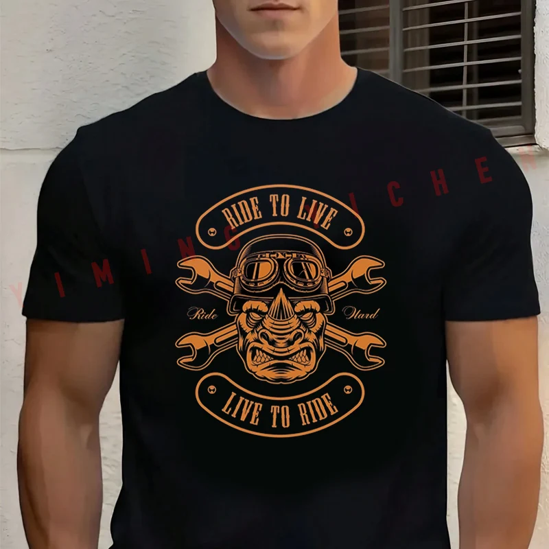 

A Rhinoceros Biker Graphic Moto T-Shirt Men‘s Cotton Summer Short-sleeved Casual Streetwear Tops Tee