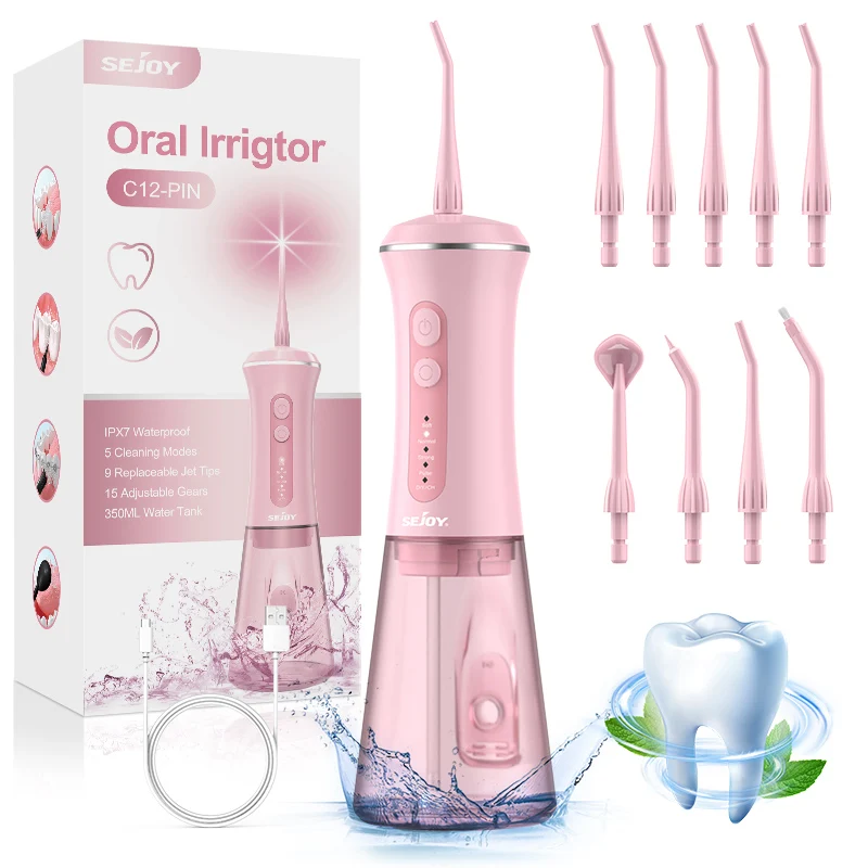 Dental Water Flosser with Replacement Tips,350ml Water Tank,5 Modes,Portable Cordless USB Oral Irrigator for Healthy Teeth,Pink