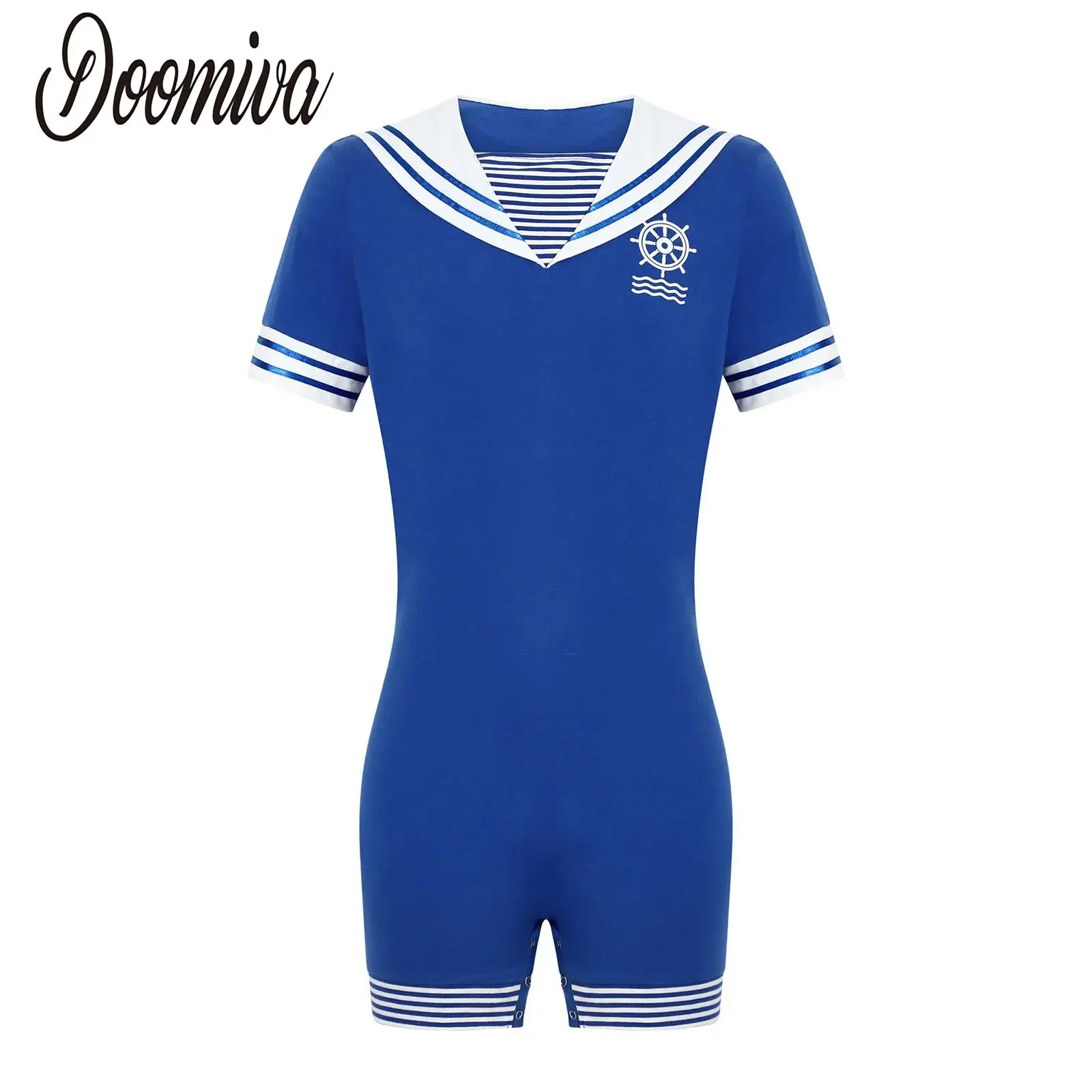 Men Navy Collar Rompers for Halloween Sailor Cosplay Costumes Short Sleeve Press Buttons Crotch Jumpsuit for Rave Party Clubwear view 2