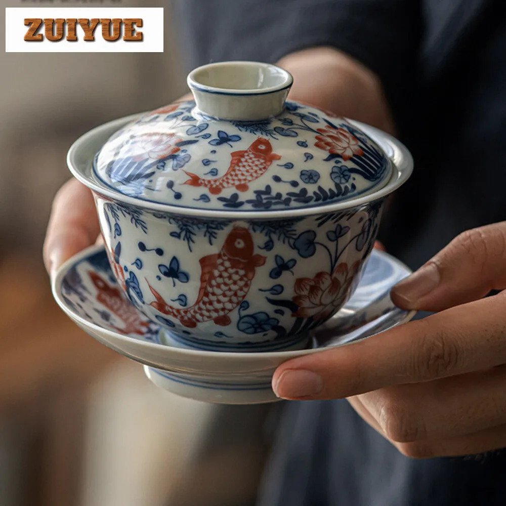 180ml Jingdezhen Blue and White Gaiwan Retro Fish Lotus Traditional Tea Tureen Tea Maker Cover Bowl Chinese Tea Set Ornaments