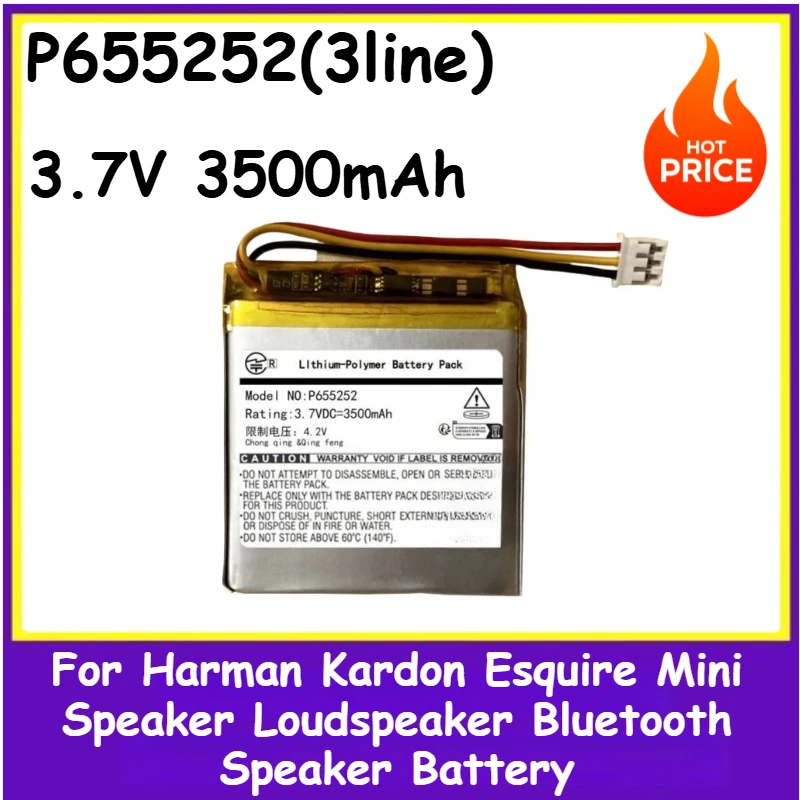 

100% New High Quality 3.7V 3500mAh P655252(3line) Bluetooth Speaker Battery for Harman Kardon Esquire Mini Speaker Loudspeaker