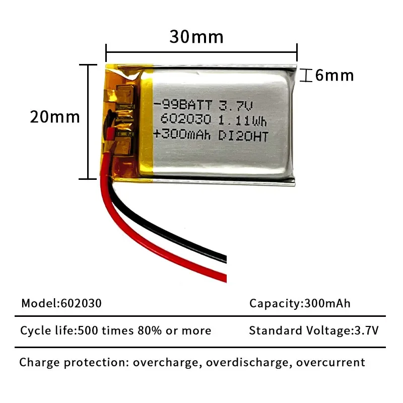 10PCS 602030 300mAh 3.7V Lithium Polymer Battery, Rechargeable LiPo for Wireless Bluetooth Headset Speaker Sensor Smart Wearable