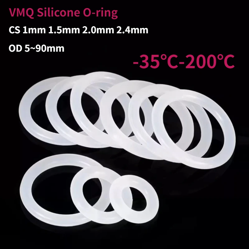 VMQ O Rings Silicone Ring White Food Grade Silicone Ring Gasket CS 1/1.5/2.0/2.4mm OD 5~90mm Waterproof Washer Rubber