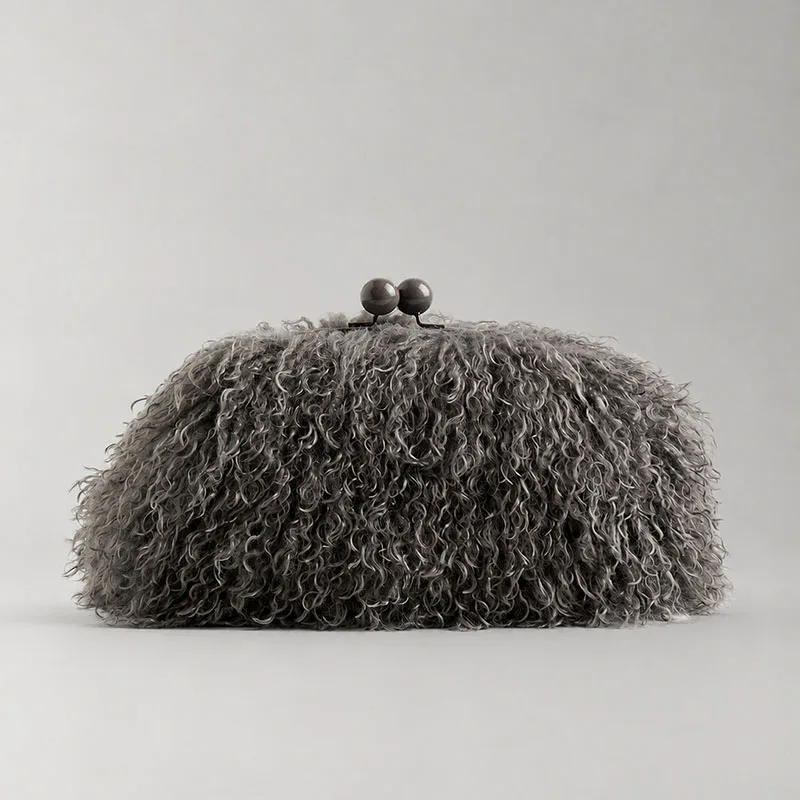 New Women Faux Fur Pouch Fuzzy Clutch Bag Winter Warm Dark Grey Red Yellow Frame Clasp Bag with Chain Crossbody