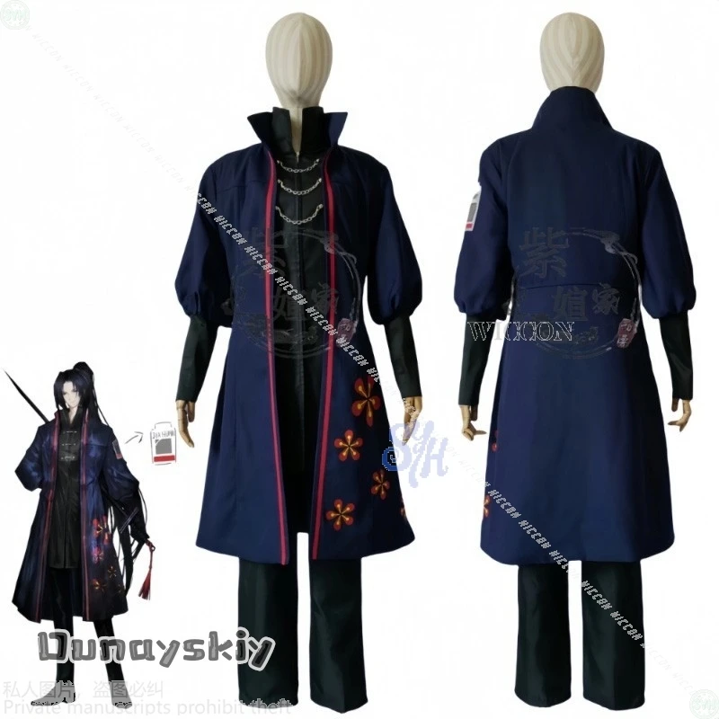 เสื้อโค้ทแฟชั่นพังก์สีน้ำเงินเข้มลายดอกไม้ สำหรับคอสเพลย์ตัวละครเจียฮวน จากอนิเมะเกม Limbus Company {BankaiMode} เหมาะสำหรับงานปาร์ตี้ฮาโลวีนและคริสต์มาส