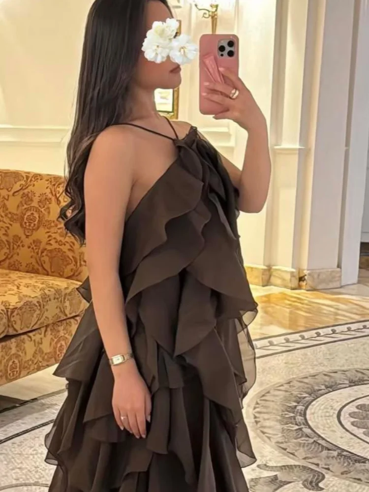 Elegante 3d flor camada babados maxi vestido feminino sexy sem costas sem mangas estilingue vestidos de festa nova senhora férias praia robes