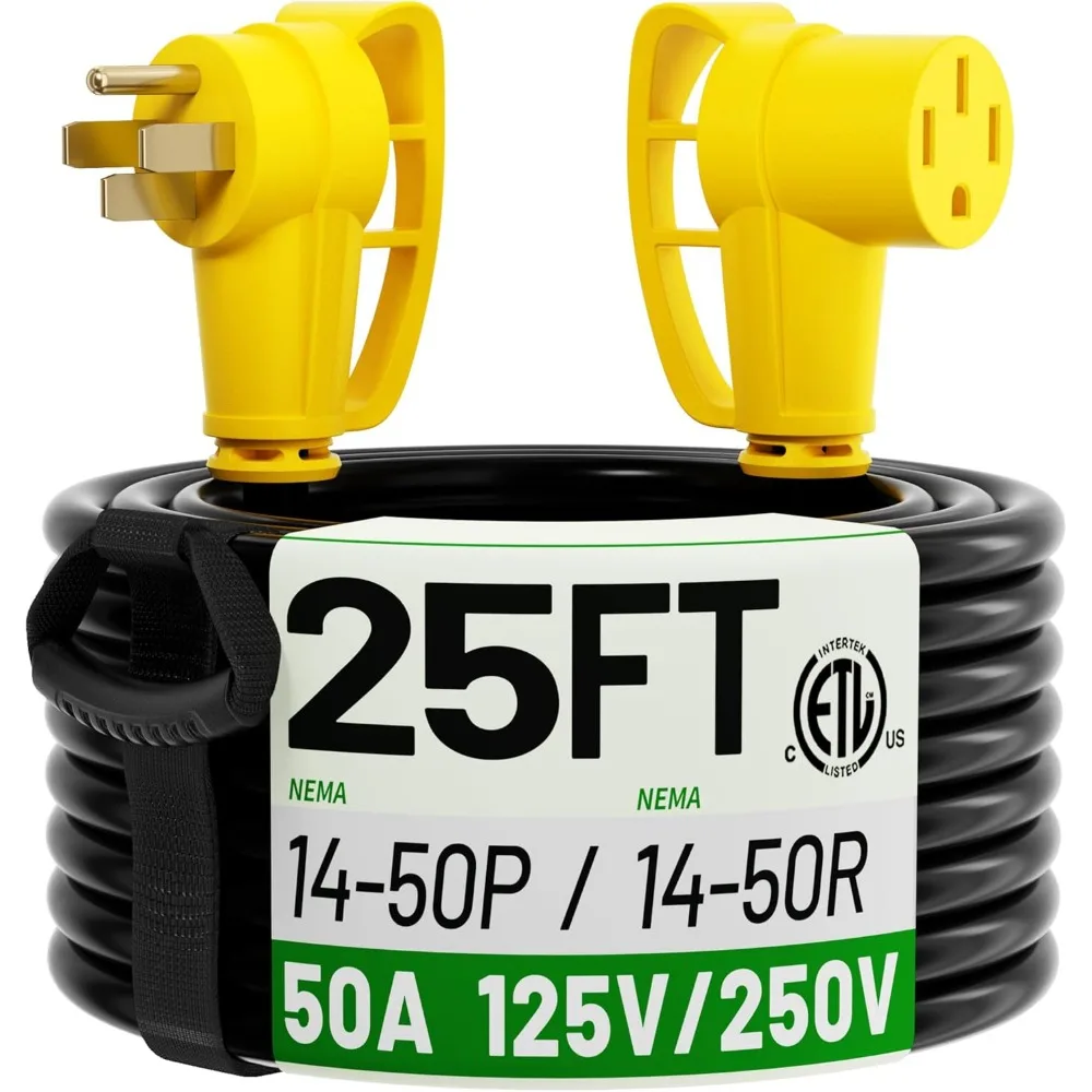 سلك تمديد 25 قدم 50 أمبير RV/EV، مقاوم للماء شديد التحمل مع مقبض قبضة، مرن 4 شقوق للاستخدام الخارجي، مدرج ETL