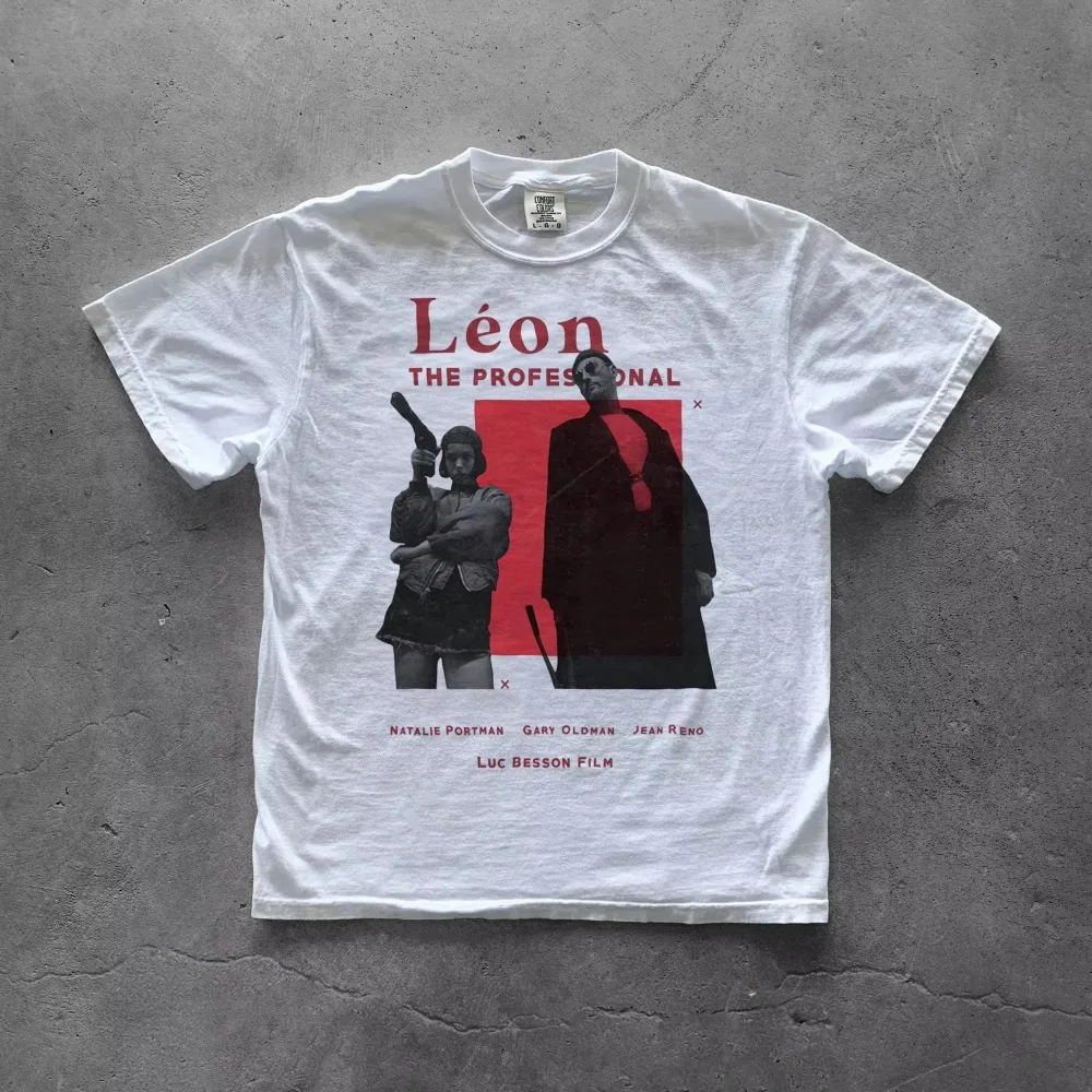 summer Red Block Duo Portrait Print White T-shirt Retro Film Graphic Loose Oversized Short Sleeve Vintage Tees