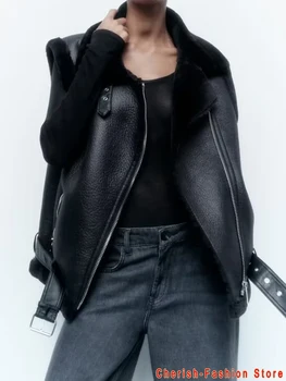 المرأة الشتاء فو الفراء سترة ، جلد الغنم صدرية ، شيك سيدة سترة ، موتو السائق سترة جلدية ، الصوف معطف دافئ ، أكمام