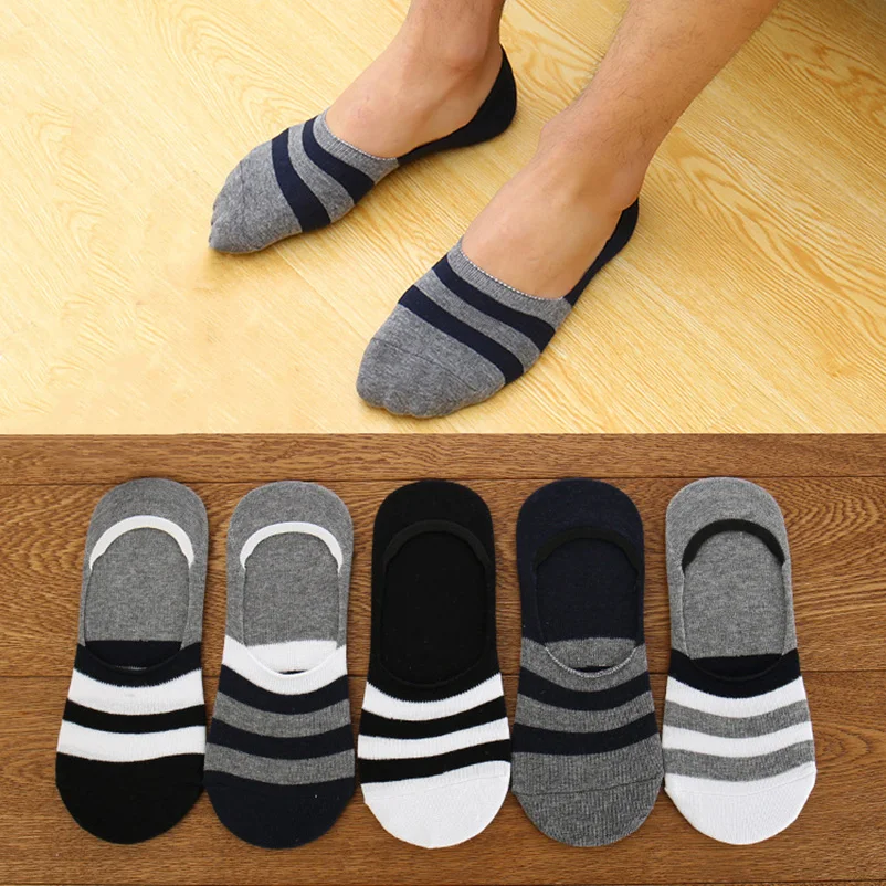 5 Pairs Spring Summer Men Cotton Boat Socks Short Striped Male Ankle Sock Low Cut Shoe Liner Invisible Slippers Non-Slip Meias