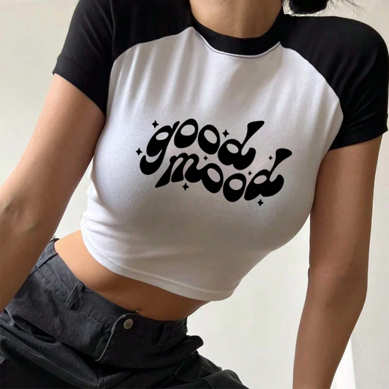 Good Mood Y 2k Baby Tee Retro Fashion o-collo Tee donna crop, manica corta donna Sexy Cropped Top t-shirt corta da donna