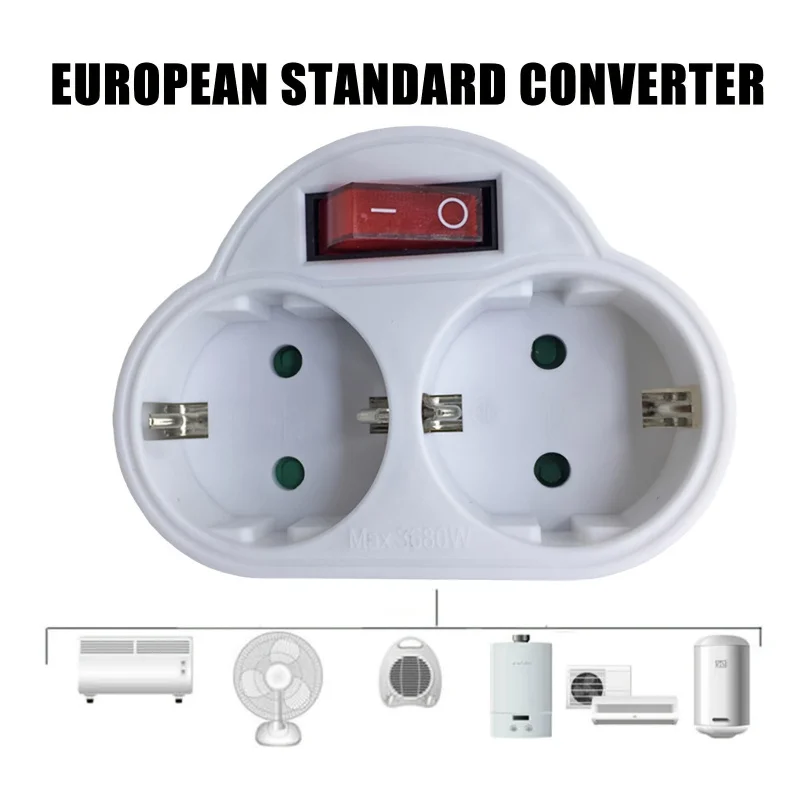 2 in 1 EU Power Socket, Heavy Duty Plug Converter with Switch Socket for Washing Machine Refrigerator Air Conditioning Home