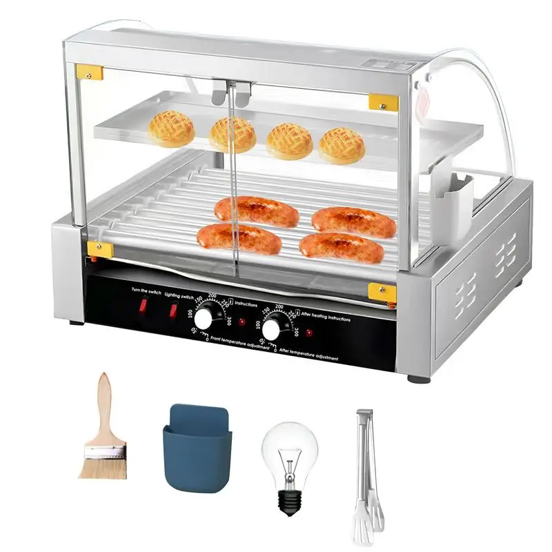 

Hotdog Roller Grill 10 Rollers Sausage Grill Cooker Machine 1700W Stainless Steel with Dual Temp Control 27 Hot Dogs Capacity