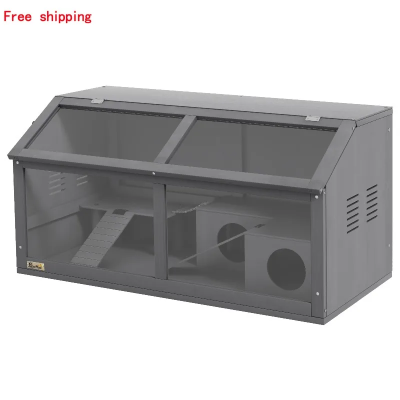 

Hamster Cage 33.5x17.7x17.3 Inch Wooden Gerbil Habitat with Platform Bridge Ladder Hut Openable Top Storage for Dwarf Hamsters