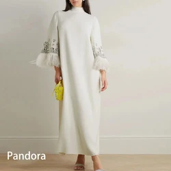 Pandora Elegant formal Evening dress for Women high neck long sleeve feather crystal straight ankle-length banquet party dress