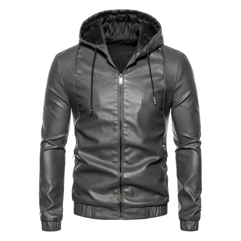

's Autumn Winter New Large Size Motorcycle Trendy Hooded Leather Men's Coat