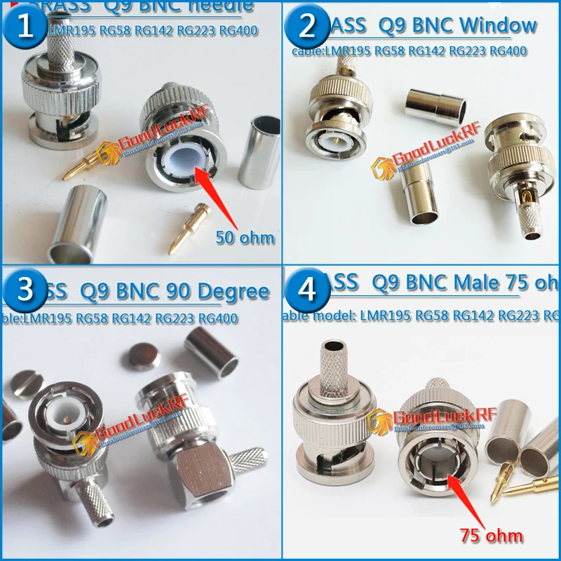 75 ohm 50 ohm Q9 BNC Male Right Angle 90 Degree Crimp For LMR195 RG58 RG142 RG223 RG400 Coax Adapter Cable Brass RF Connector