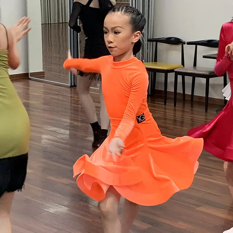 Children's Latin Dance Regulations Competition Clothes Autumn Winter Velvet Girls Long Sleeve Test Clothes