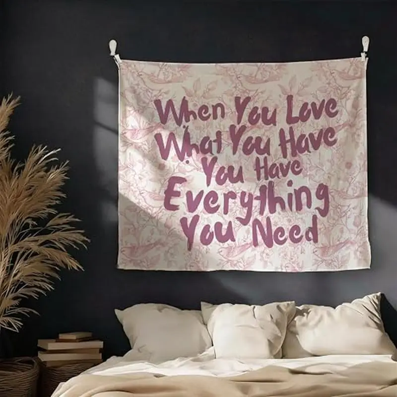 VIKAMA When You Love What Have Everything Wall Tapestry Beige Purple Floral Gratitude Quote Botanical Background Bedroom Living