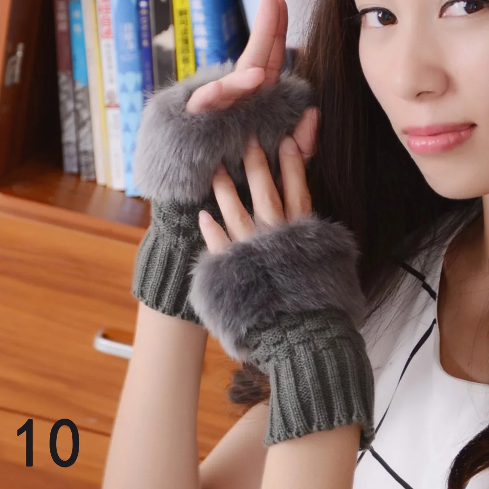 Winter Women Gloves Faux Rabbit Fur Arm Warmer Gloves Knitting Wool Mittens Fingerless Gloves Arm Wrist Sleeves Female Gift