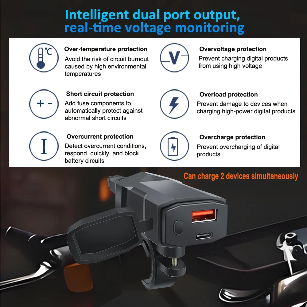 

Motorcycle USB Charger With Cord Voltmeter PD QC3.0 Fast Charger Handlebar Dual USB Socket Waterproof 12V Power Supply Adapter