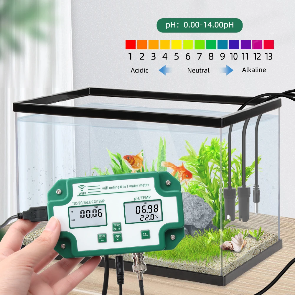 Nuevo medidor inteligente de control de calidad del agua PH TDS EC salinidad S.G. Temp WIFI APP acuario probador ATC Monitor en línea con enchufe