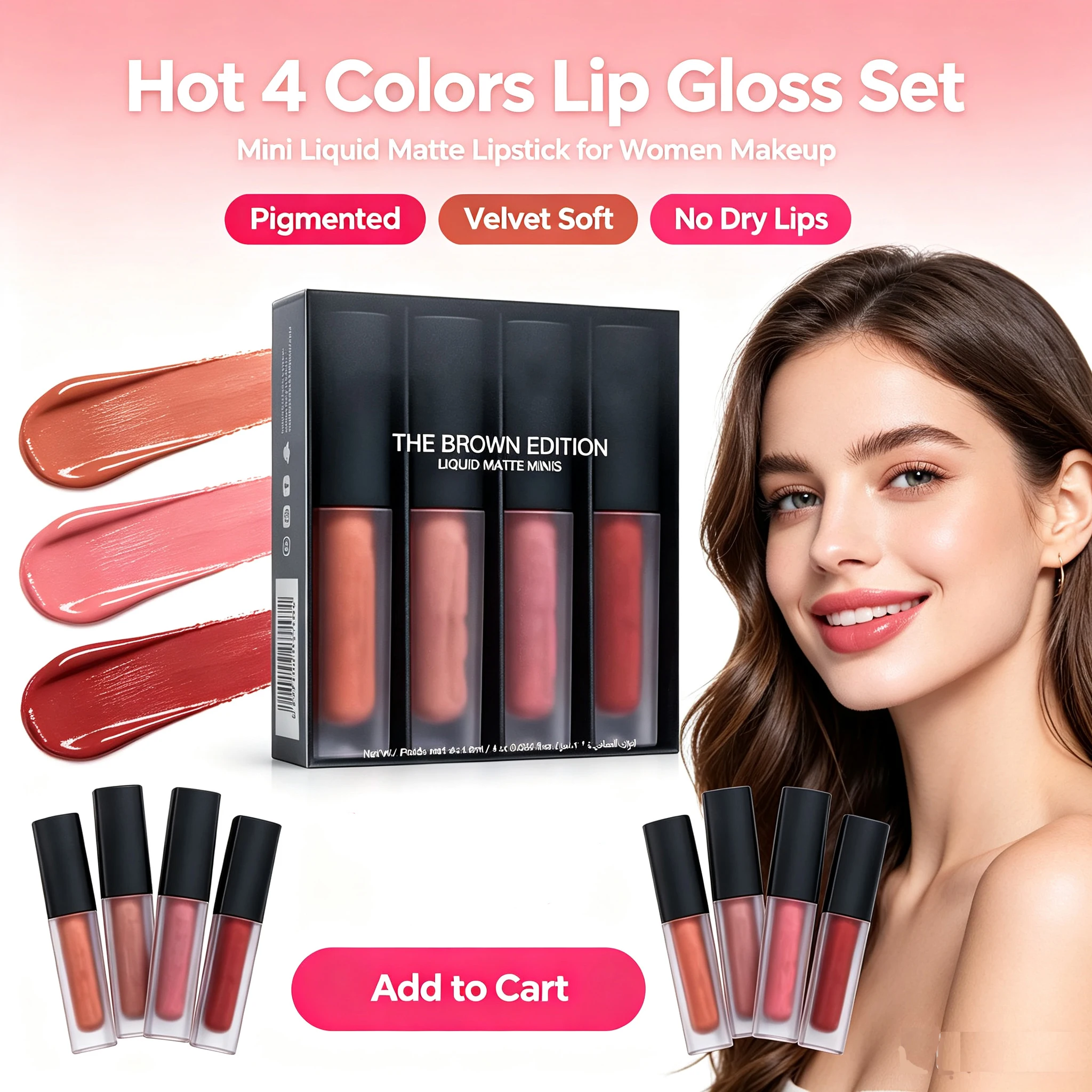 4Pcs Mini Liquid Matte Lip Gloss Set Long-Lasting Waterproof Non-Stick Cup Lip Makeup Edition Gift Kit