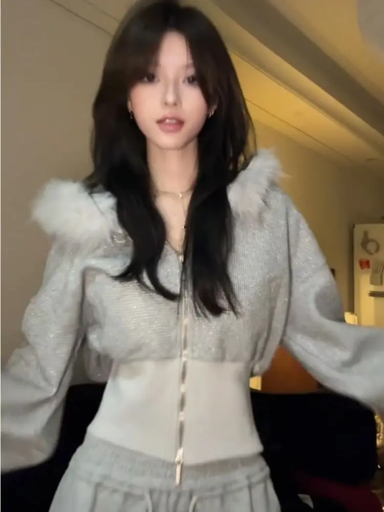 Elegant Fashion Gray Short Long Sleeve Jacket Women Casual Y2k Harajuku Design Coat Autumn Winter Fur Collar Slim Fit Hoodie New