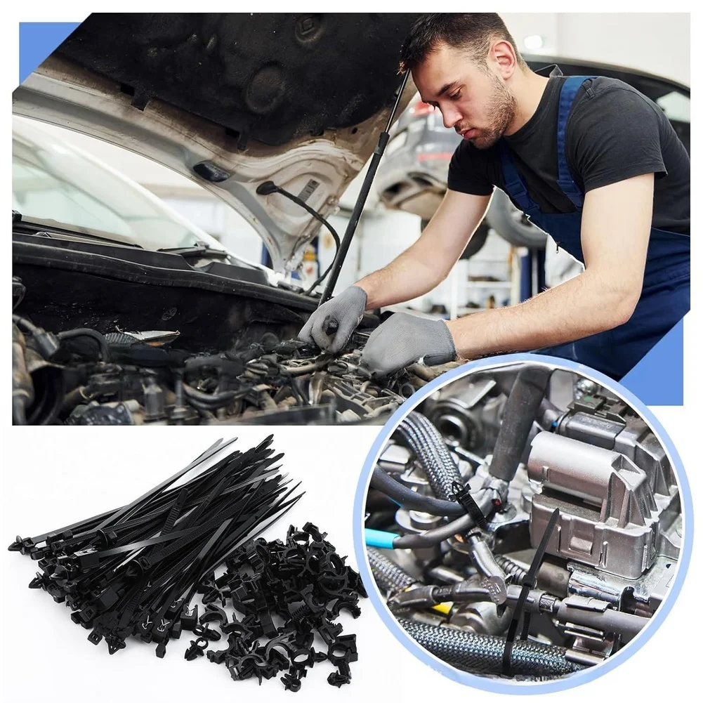 200pcs Push Mount Cable Tie Assortment for Automotive Wire Routing Including Harness Securing and Cable Bundling Tasks