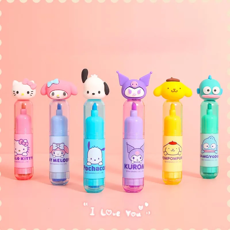 24pcs/lot Sanrio Melody Kuromi 6 Colors Seal Highlighter Kawaii Kitty Drawing Fluorescent Marker Pens Office School Supplies