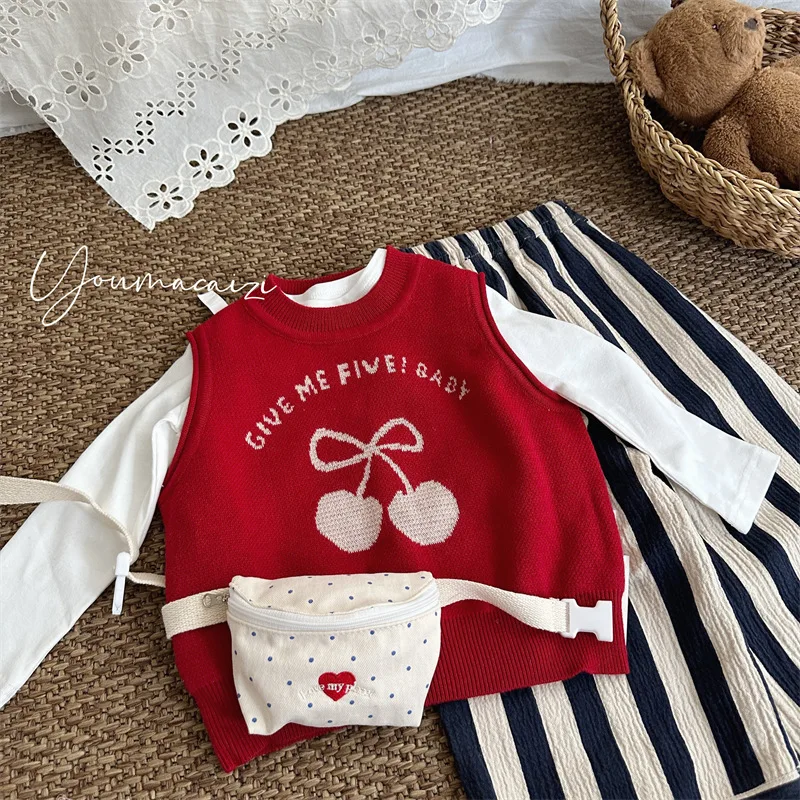 

2025 Autumn New Product Kids Vest Girl Baby Korean Style Sleeveless Top Knitted Sweater Boutique Clothing Simple Style