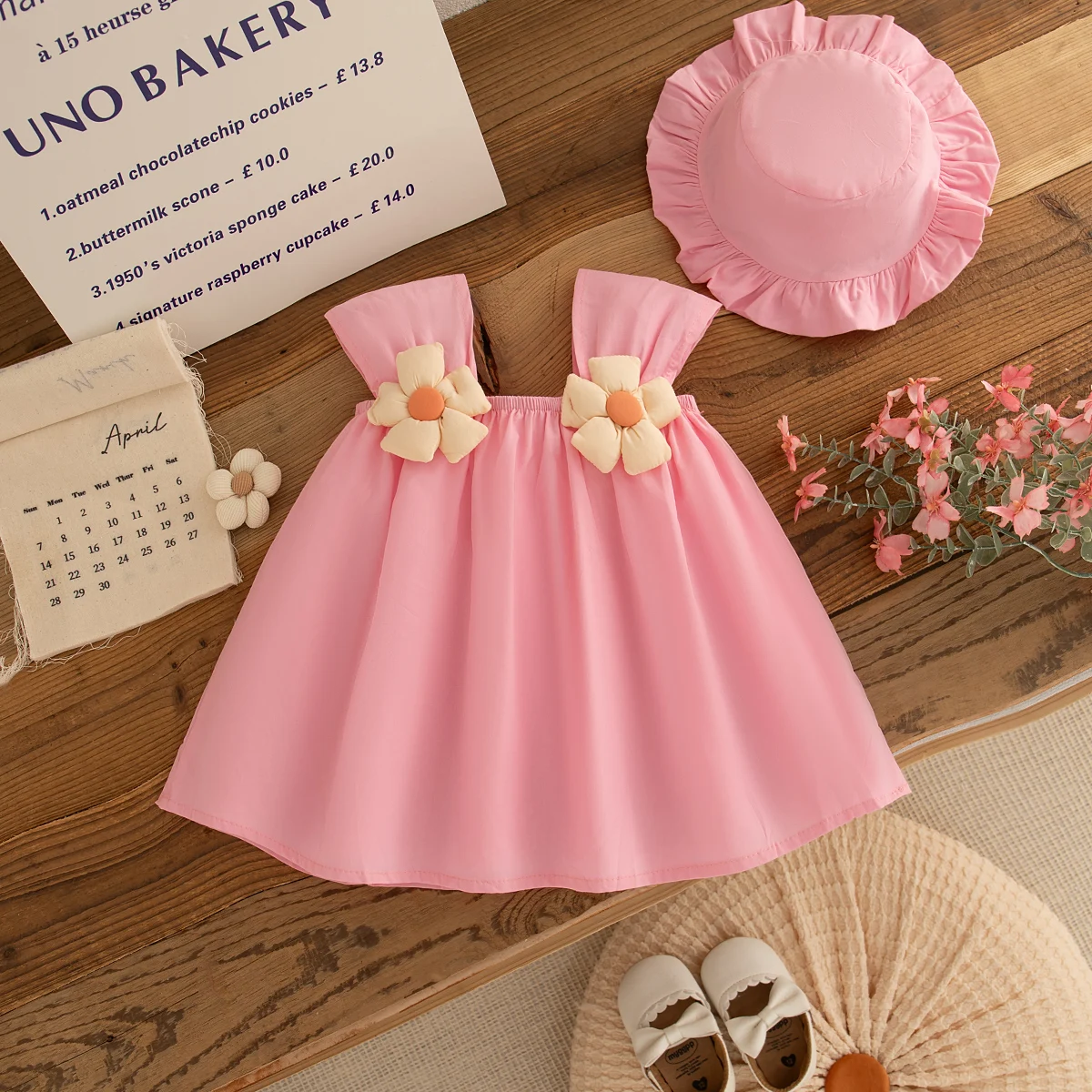 

2pc/Set Baby Dresses Summer Children'S Solid Color 3d Flower Princess Girl Kid'S Dress Sleeveless Loose Birthday Dress And Hat
