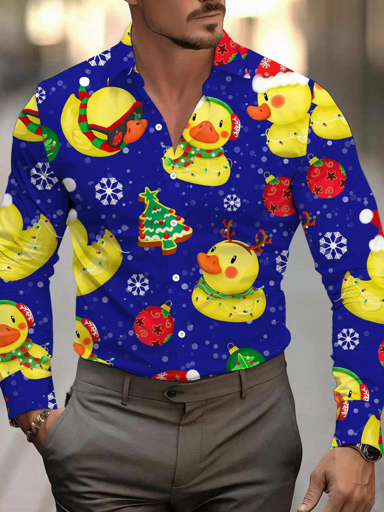 

2025: мужская темно-синяя рождественская рубашка с принтом утки, шляпы Санта-Клауса Btn-Up, официальная вечеринка, игривое Рождество