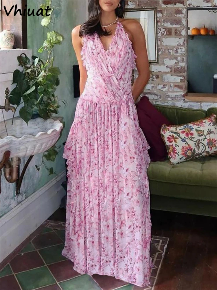 Vhiuat malha floral impressão sem mangas halter magro maxi vestido feminino elegante festa de férias noite verão vestidos longos 2025