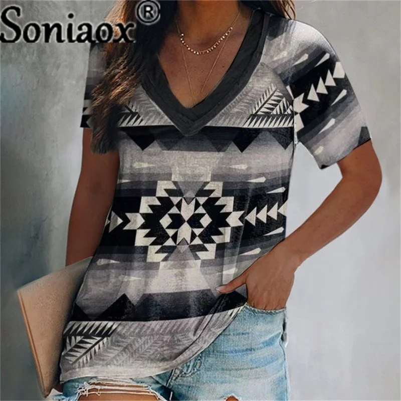 

Women New Geometric Print Loose Vintage T-Shirts Ladies Casual V Neck Short Sleeve Western Folk Style Print T Shirts Tops Femme